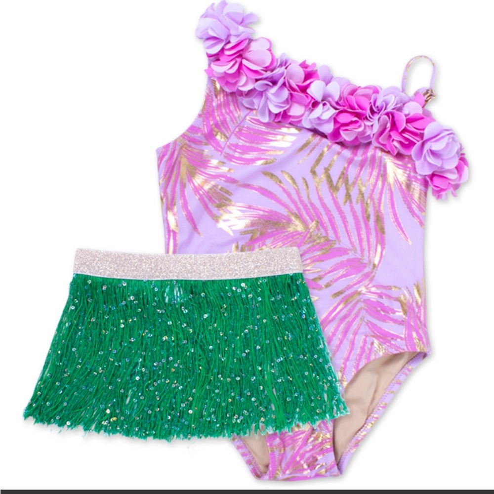 Shade critters swimsuit. Hula one shoulder with fringe skirt.